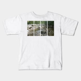 A static shot of the clear water of a mountain stream between rocks and stones; beautiful nature in a sunny day; no people around Kids T-Shirt